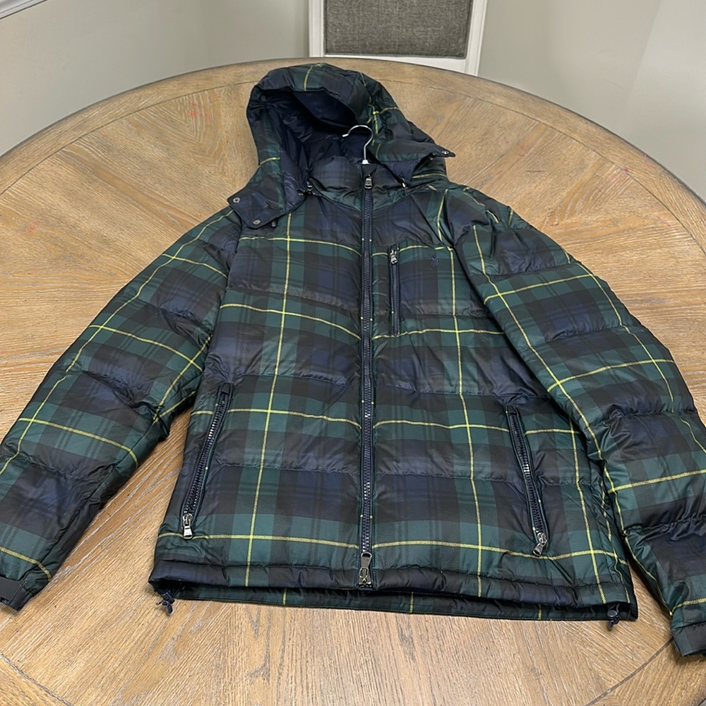 Polo plaid puff jacket blue green yellow M